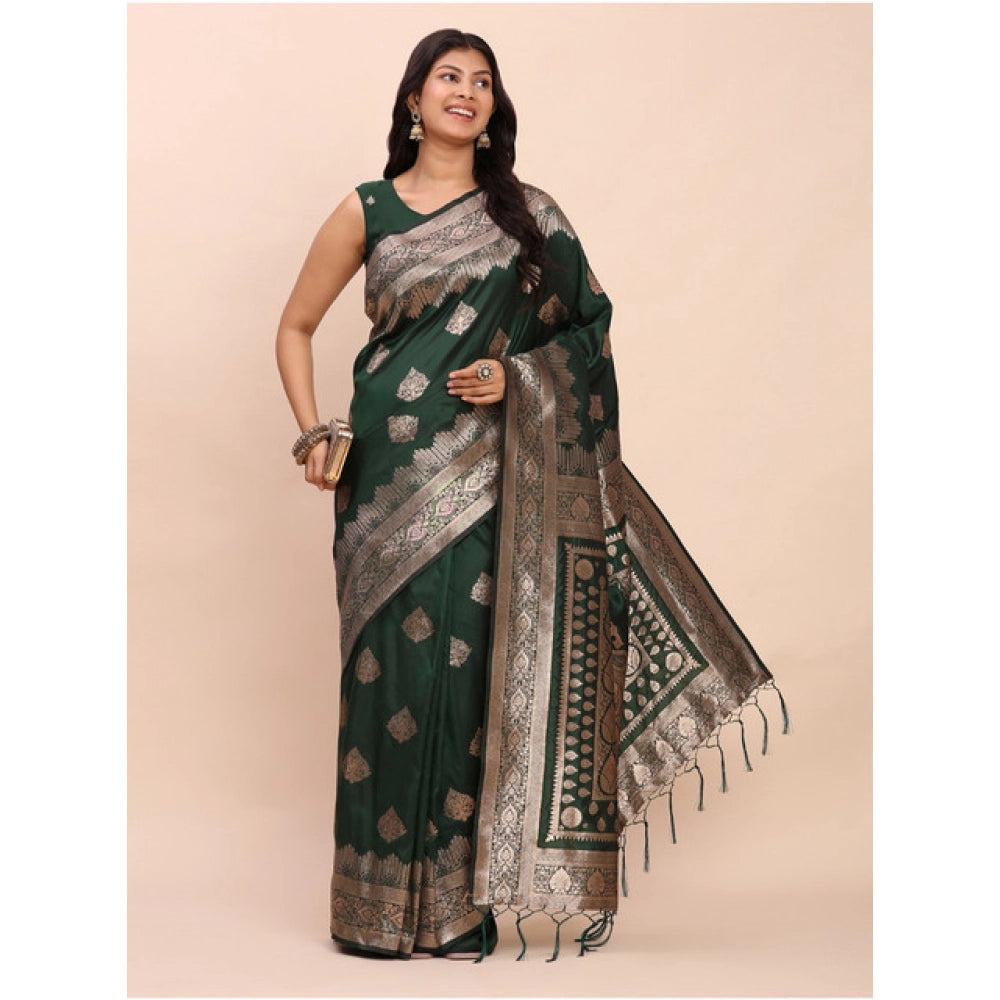 Women's Banarasi Silk Printed Saree With Unstitched Blouse 5.5Mtr (Green)