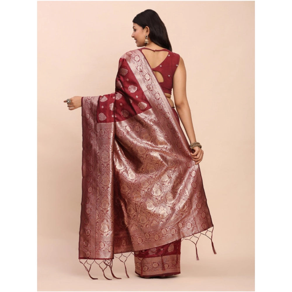 Women's Banarasi Silk Printed Saree With Unstitched Blouse 5.5Mtr (Maroon)