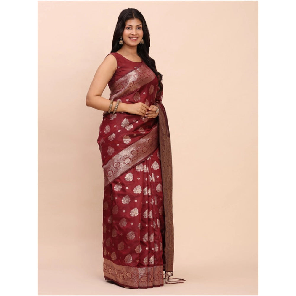 Women's Banarasi Silk Printed Saree With Unstitched Blouse 5.5Mtr (Maroon)