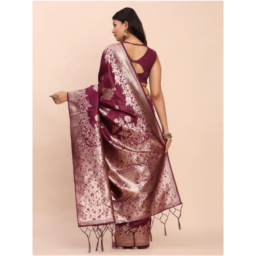 Women's Banarasi Silk Printed Saree With Unstitched Blouse 5.5Mtr (Purple)