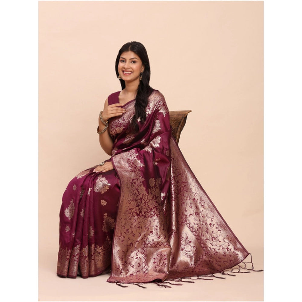 Women's Banarasi Silk Printed Saree With Unstitched Blouse 5.5Mtr (Purple)