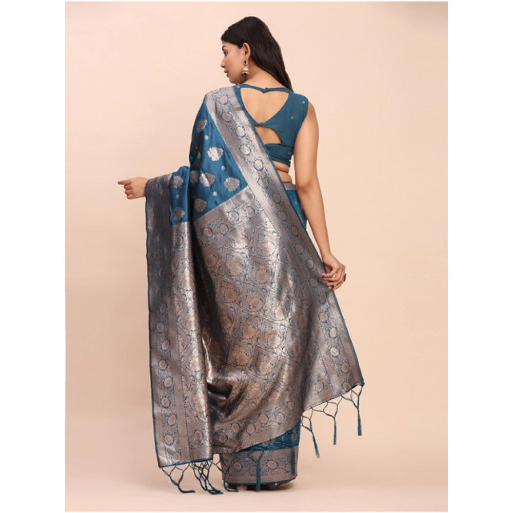 Women's Banarasi Silk Printed Saree With Unstitched Blouse 5.5Mtr (Teal Blue)