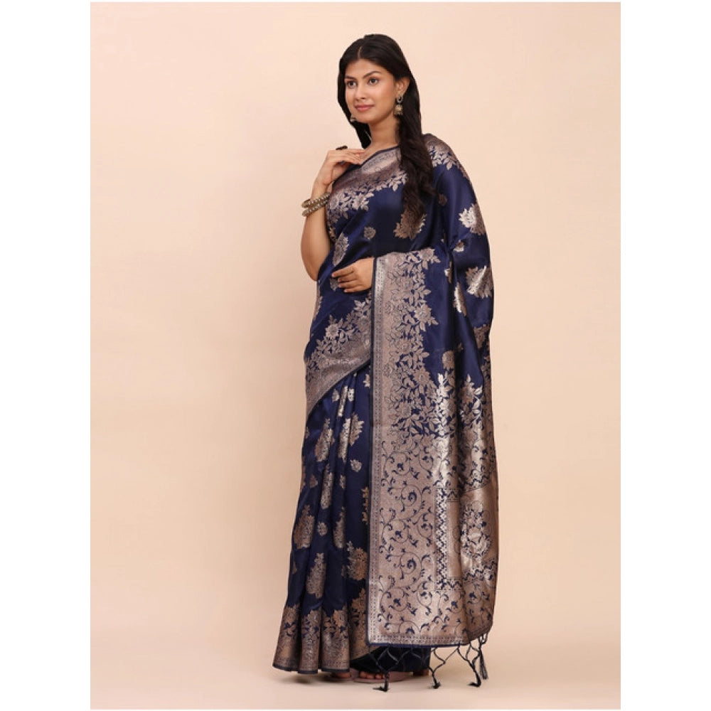 Women's Banarasi Silk Printed Saree With Unstitched Blouse 5.5Mtr (Navy Blue)