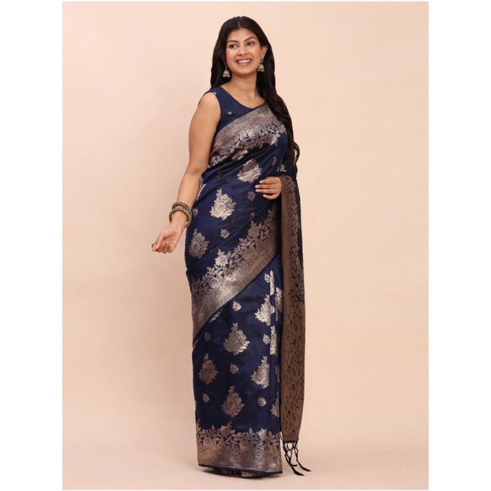 Women's Banarasi Silk Printed Saree With Unstitched Blouse 5.5Mtr (Navy Blue)