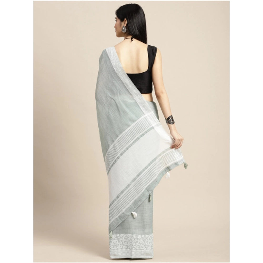 Women's Linen Printed Saree With Unstitched Blouse 5.5Mtr (Sea Green)