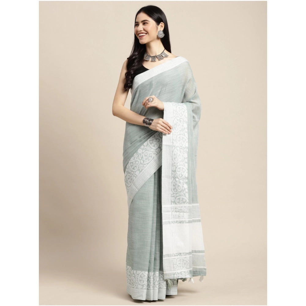 Women's Linen Printed Saree With Unstitched Blouse 5.5Mtr (Sea Green)