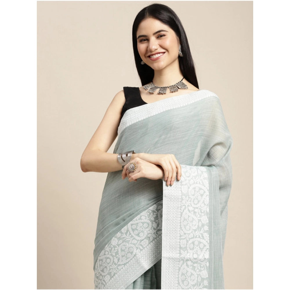 Women's Linen Printed Saree With Unstitched Blouse 5.5Mtr (Sea Green)