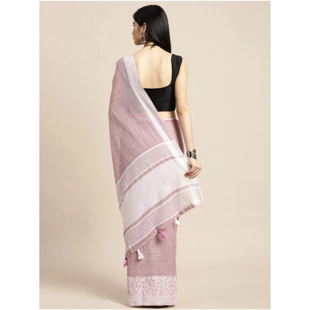 Women's Linen Printed Saree With Unstitched Blouse 5.5Mtr (Purple)