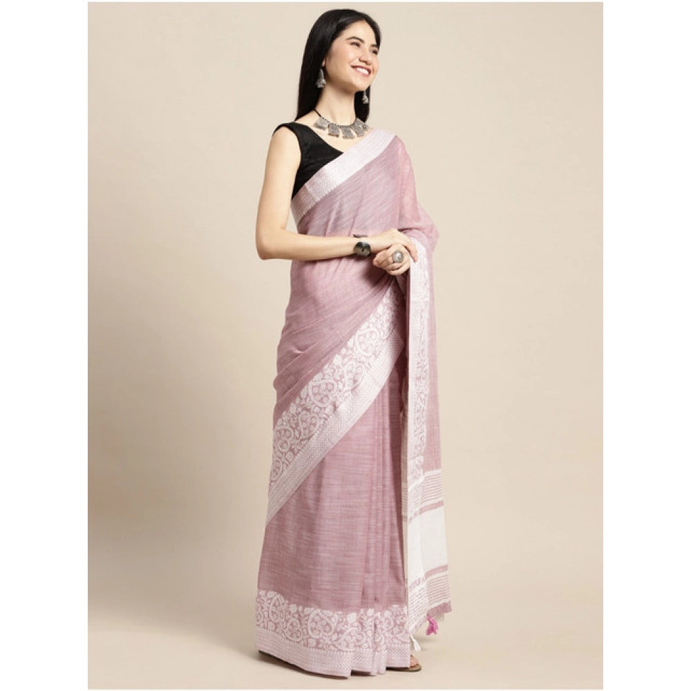 Women's Linen Printed Saree With Unstitched Blouse 5.5Mtr (Purple)