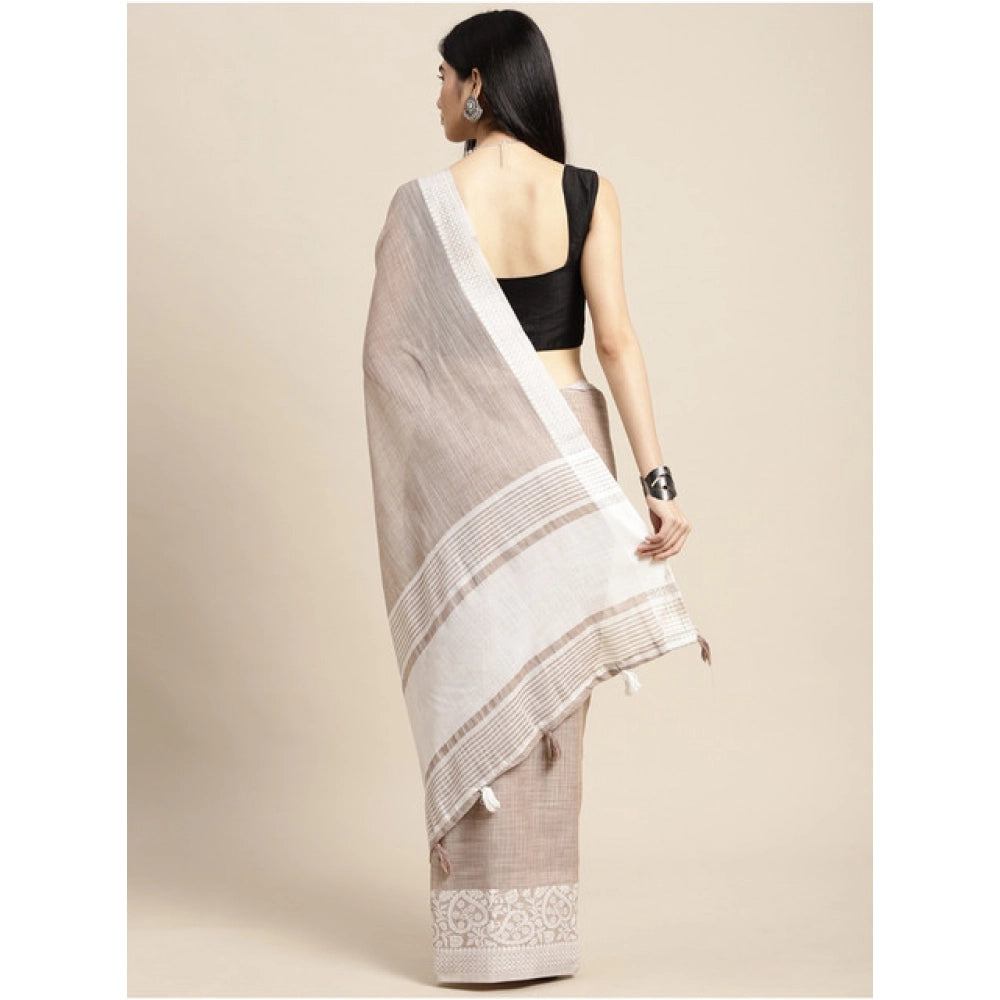 Women's Linen Printed Saree With Unstitched Blouse 5.5Mtr (Beige)