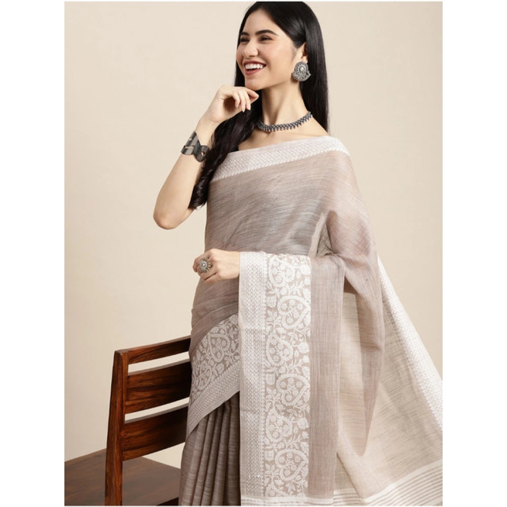 Women's Linen Printed Saree With Unstitched Blouse 5.5Mtr (Beige)