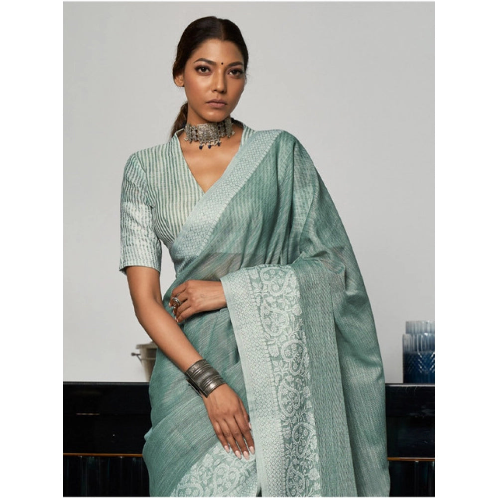 Women's Linen Printed Saree With Unstitched Blouse 5.5Mtr (Sea Green)