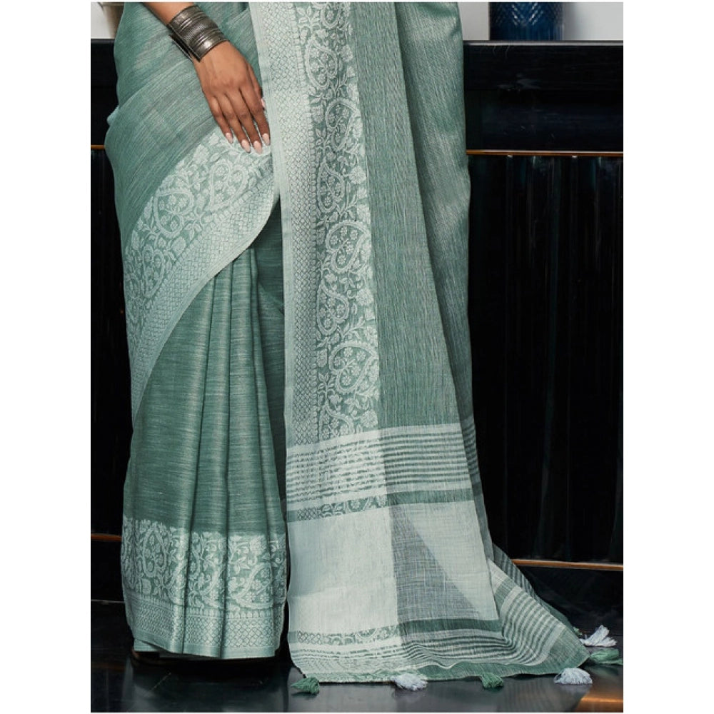 Women's Linen Printed Saree With Unstitched Blouse 5.5Mtr (Sea Green)
