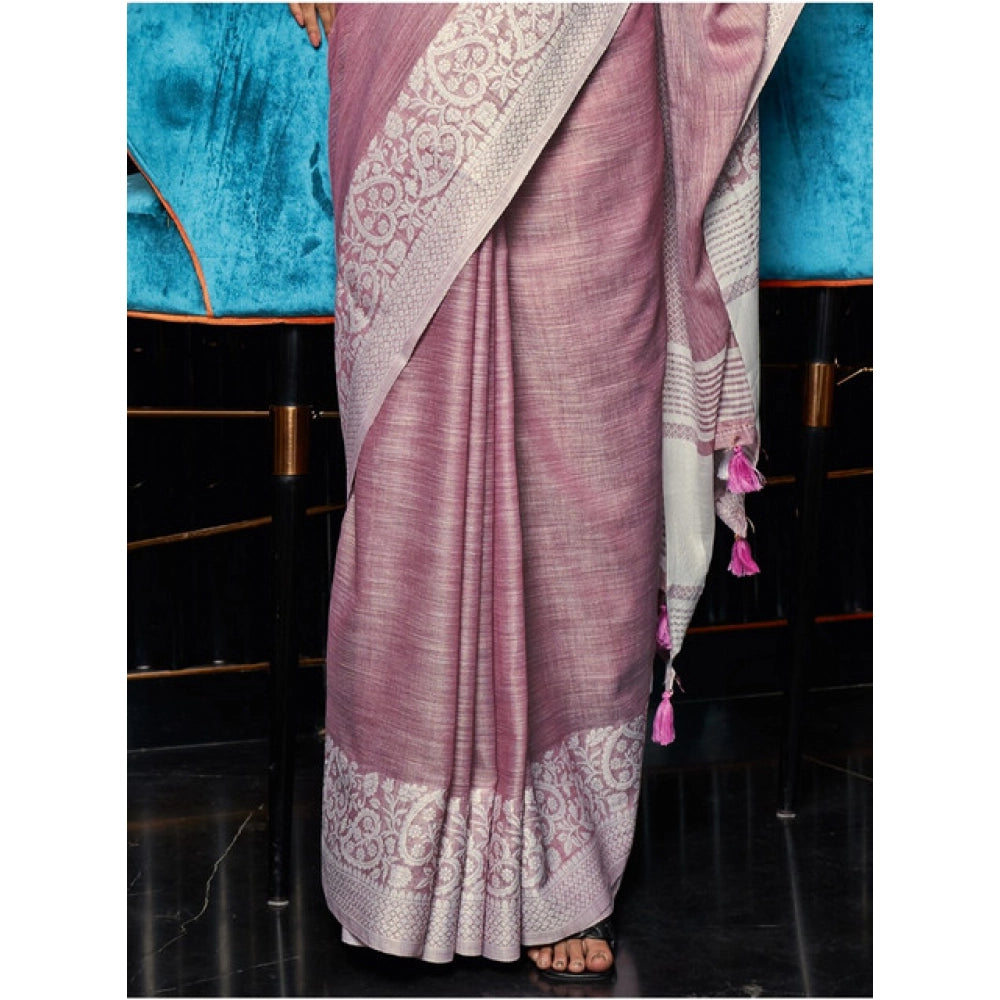 Women's Linen Printed Saree With Unstitched Blouse 5.5Mtr (Purple)