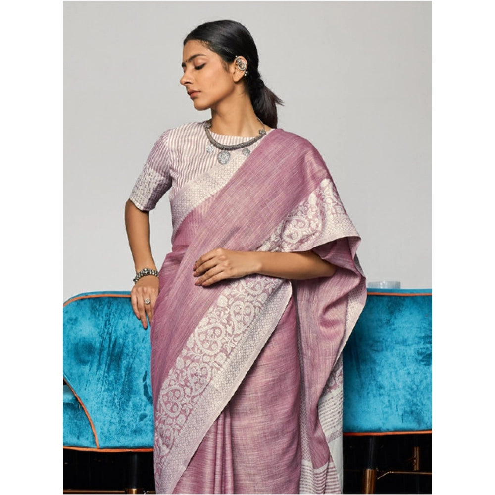 Women's Linen Printed Saree With Unstitched Blouse 5.5Mtr (Purple)