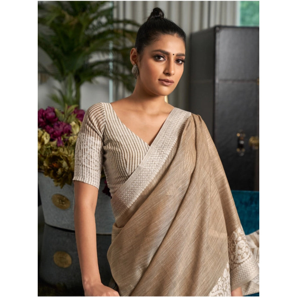 Women's Linen Printed Saree With Unstitched Blouse 5.5Mtr (Beige)