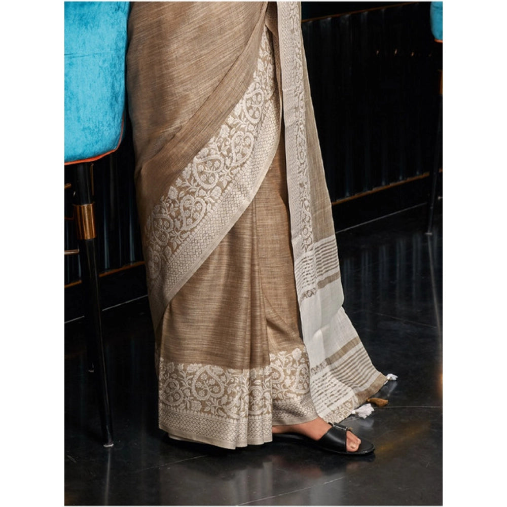 Women's Linen Printed Saree With Unstitched Blouse 5.5Mtr (Beige)