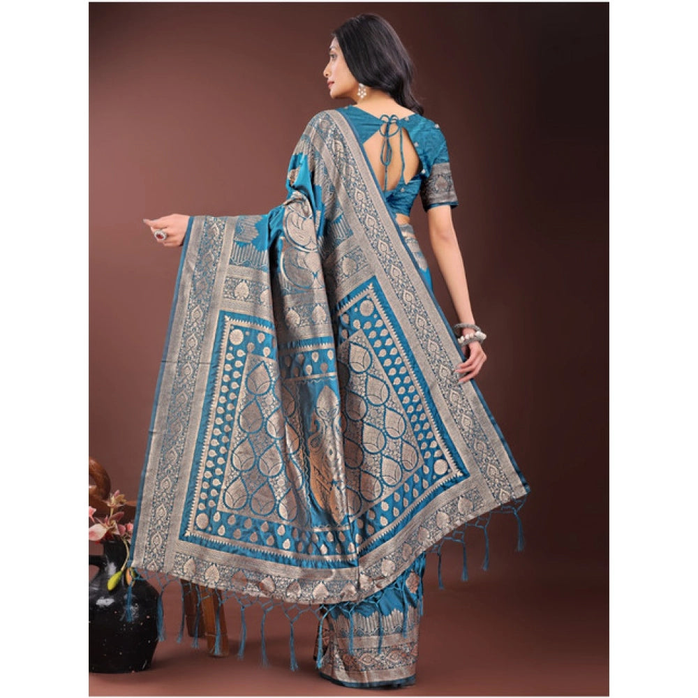 Women's Silk Printed Saree With Unstitched Blouse 5.5Mtr (Teal)