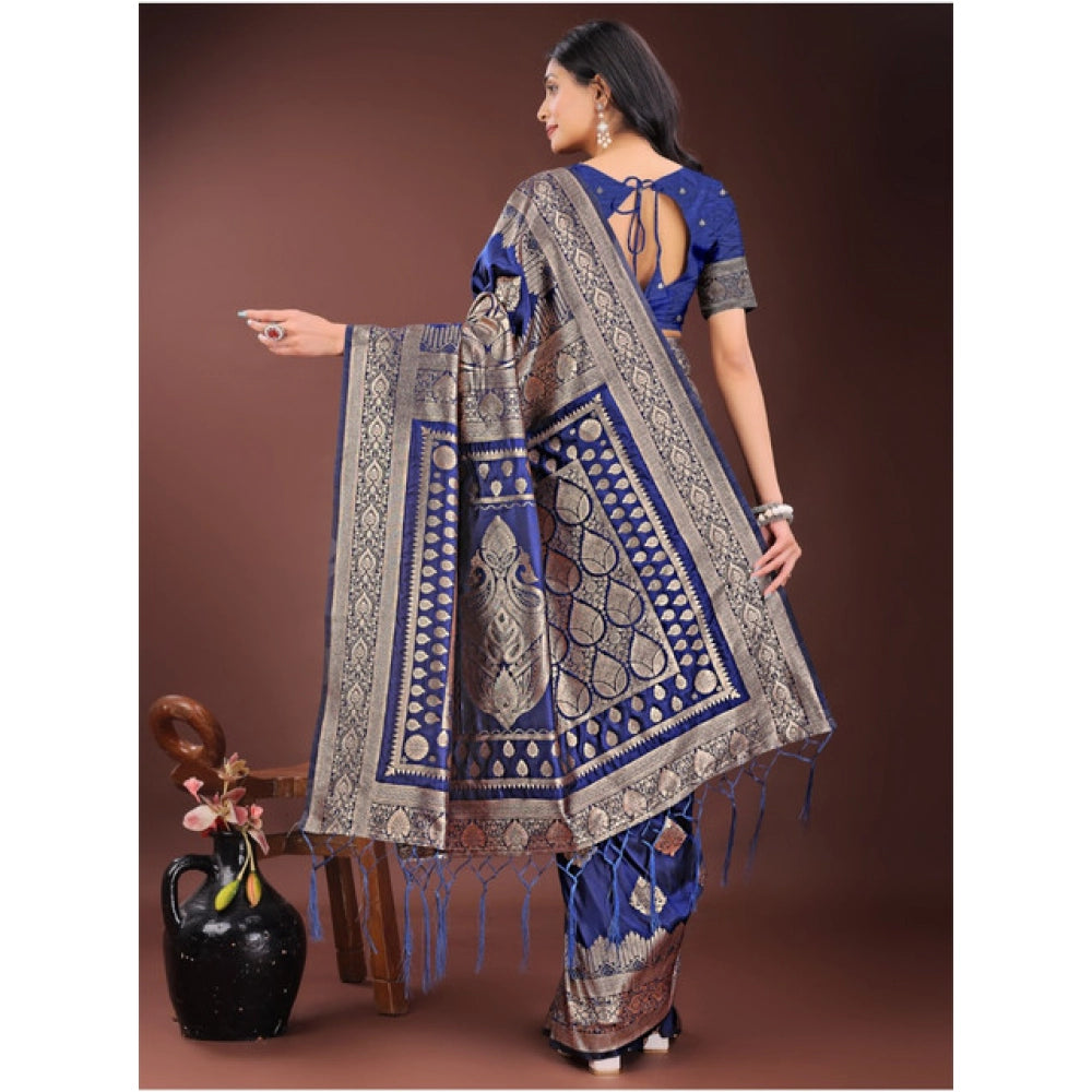 Women's Silk Printed Saree With Unstitched Blouse 5.5Mtr (Navy Blue)