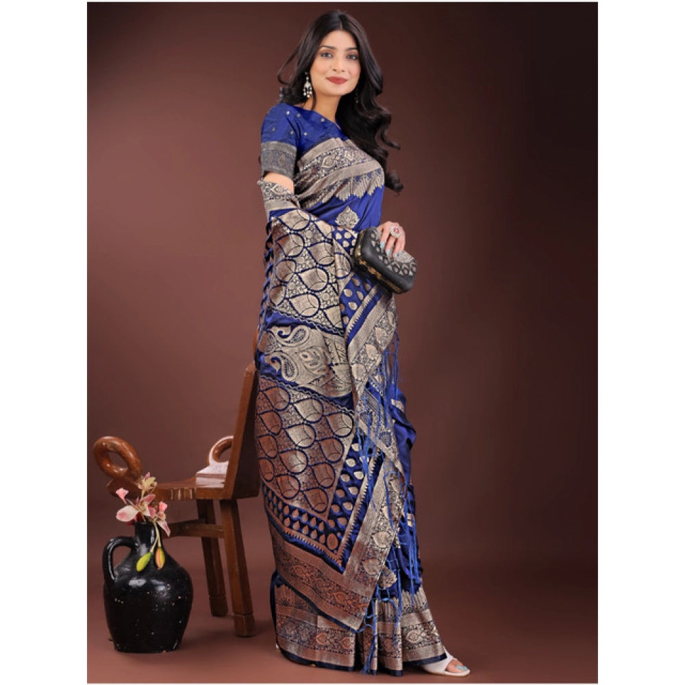 Women's Silk Printed Saree With Unstitched Blouse 5.5Mtr (Navy Blue)
