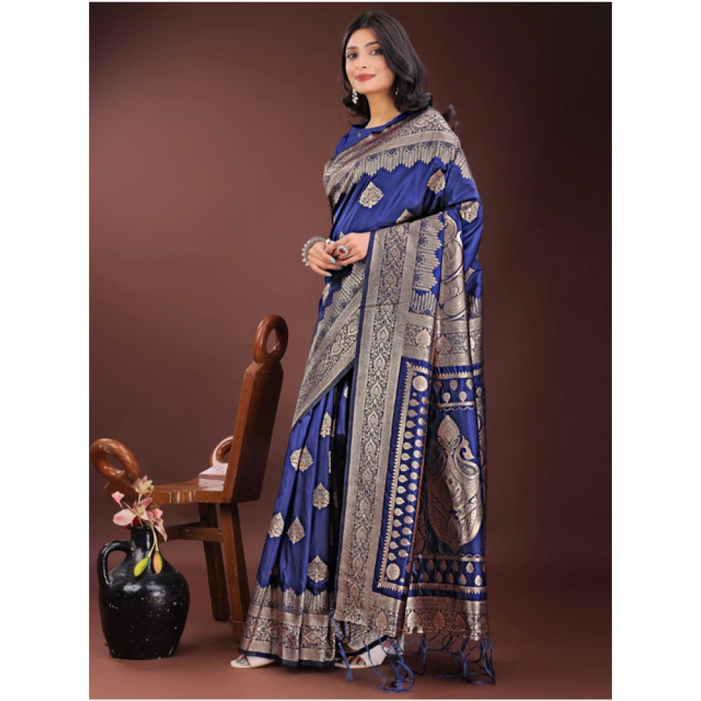 Women's Silk Printed Saree With Unstitched Blouse 5.5Mtr (Navy Blue)