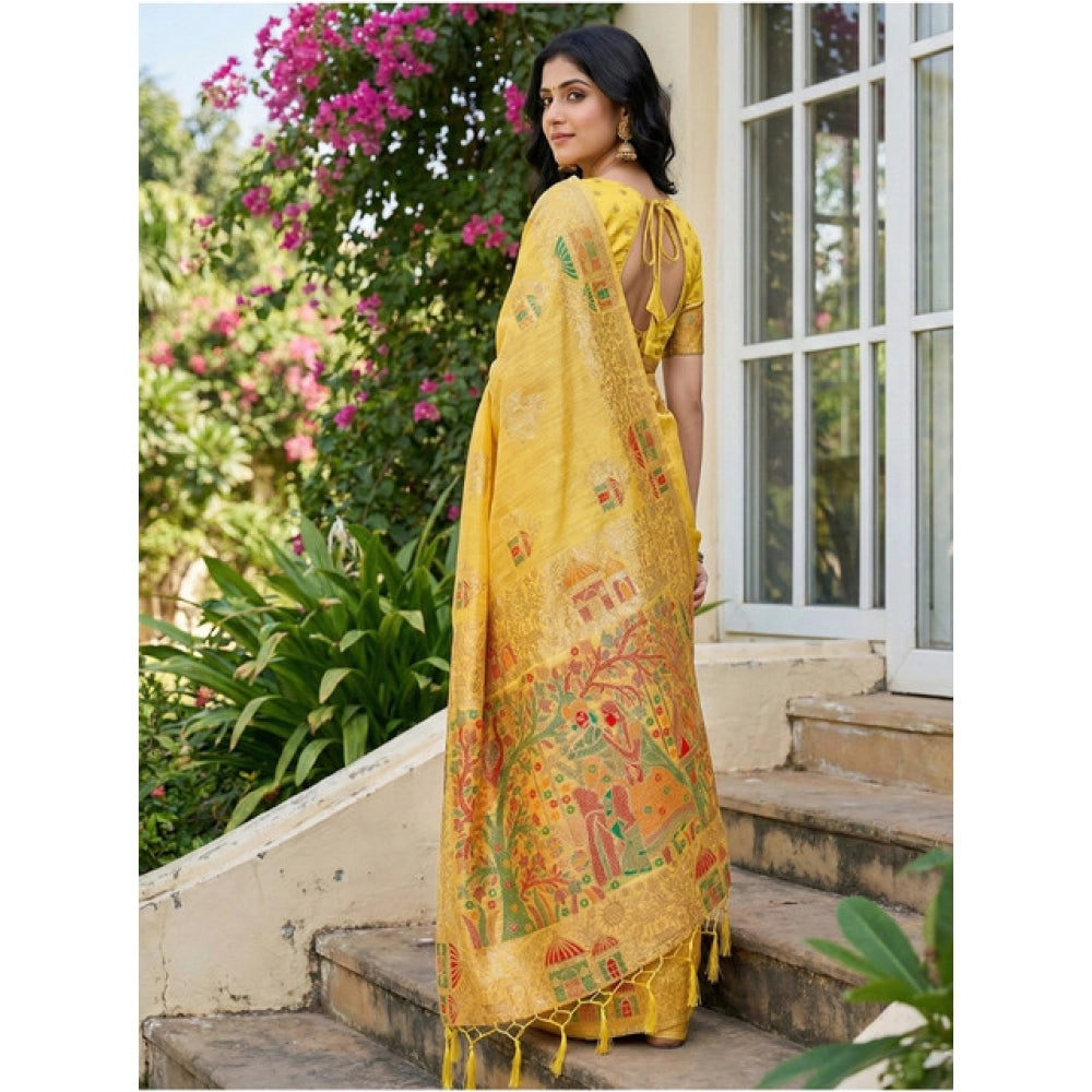 Women's Linen Cotton Printed Saree With Unstitched Blouse 5.5Mtr (Yellow)