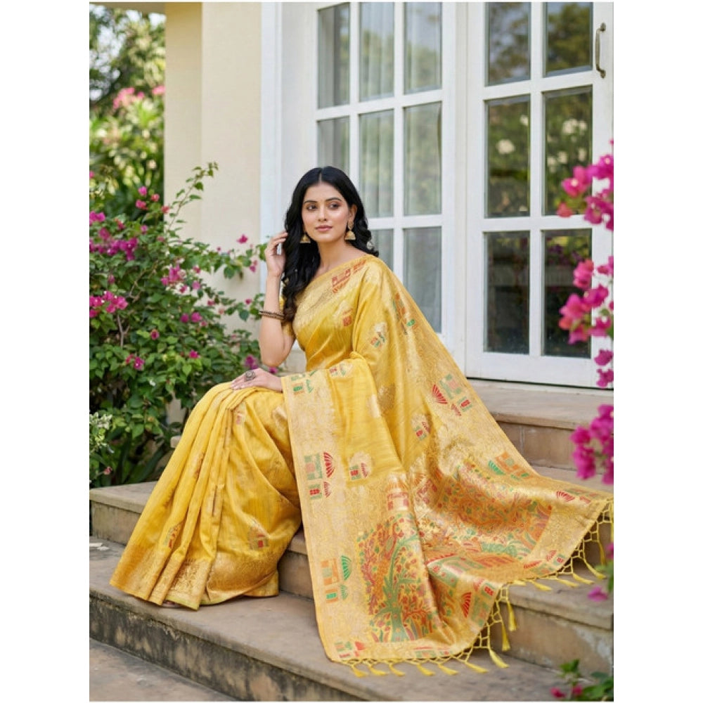 Women's Linen Cotton Printed Saree With Unstitched Blouse 5.5Mtr (Yellow)
