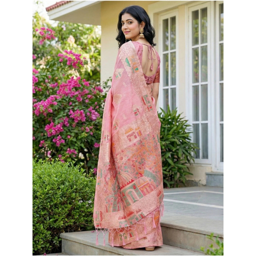 Women's Linen Cotton Printed Saree With Unstitched Blouse 5.5Mtr (Pink)