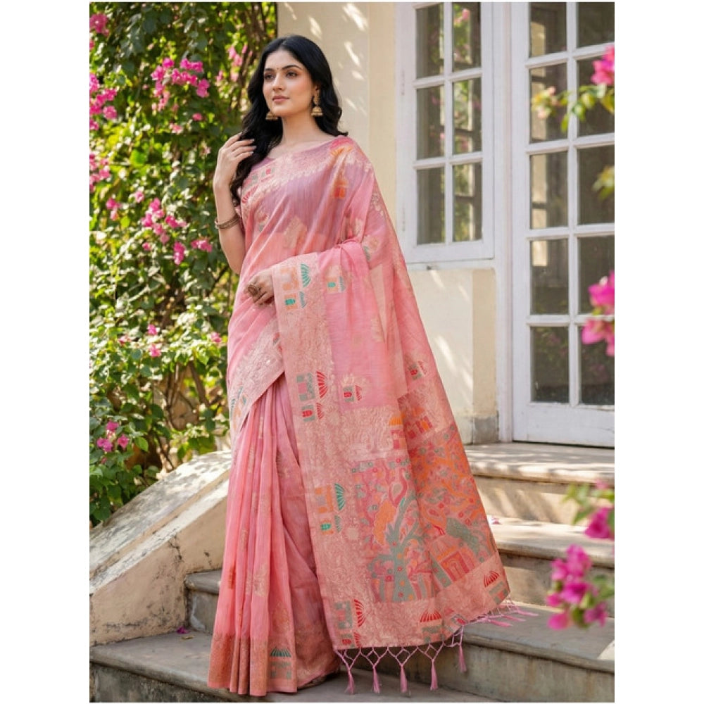 Women's Linen Cotton Printed Saree With Unstitched Blouse 5.5Mtr (Pink)