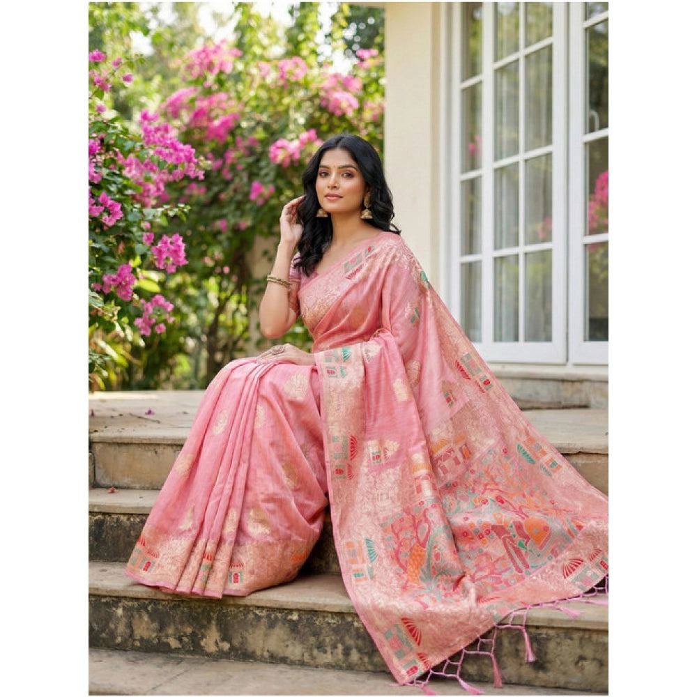 Women's Linen Cotton Printed Saree With Unstitched Blouse 5.5Mtr (Pink)