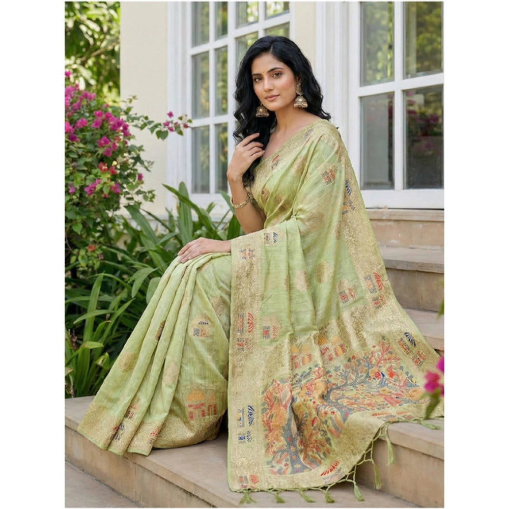 Women's Linen Cotton Printed Saree With Unstitched Blouse 5.5Mtr (Light Green)