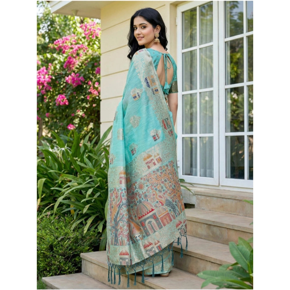 Women's Linen Cotton Printed Saree With Unstitched Blouse 5.5Mtr (Sky Blue)