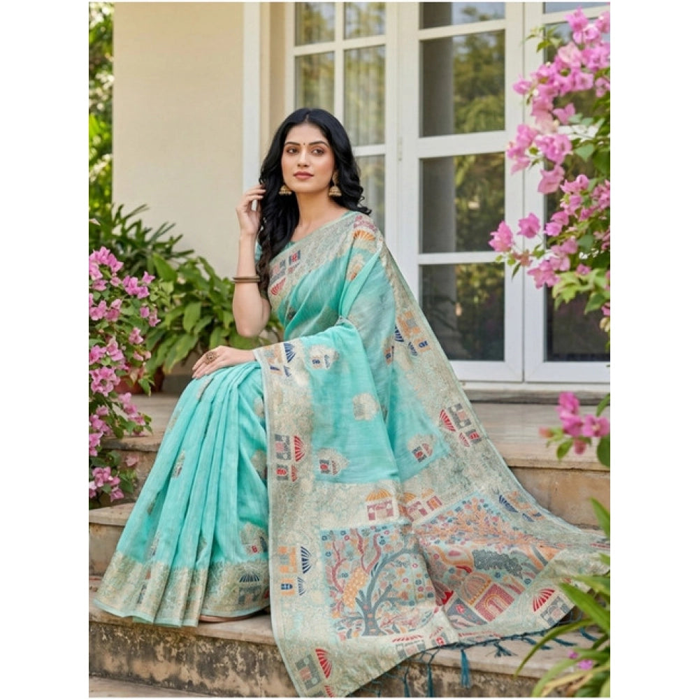 Women's Linen Cotton Printed Saree With Unstitched Blouse 5.5Mtr (Sky Blue)