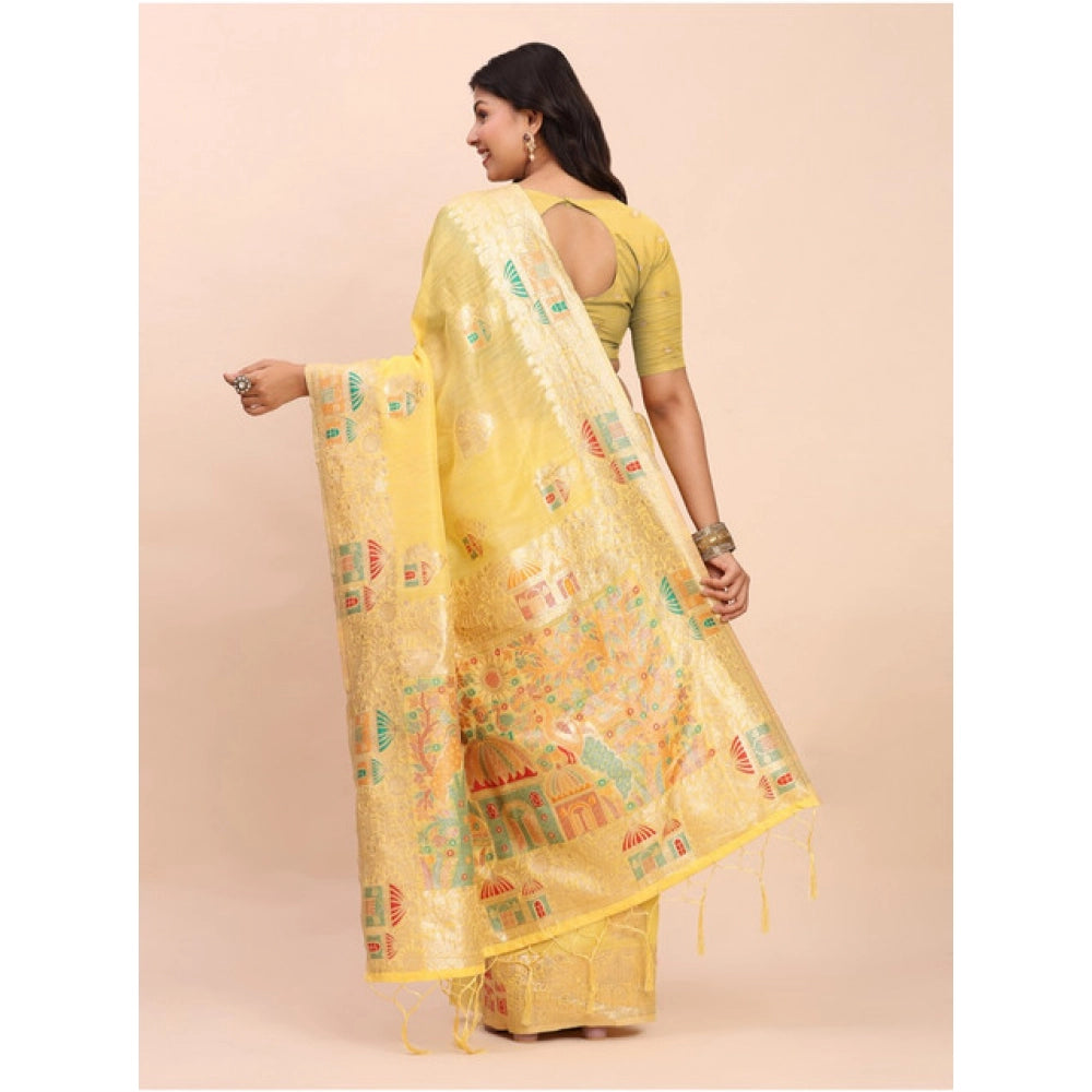 Women's Linen Cotton Printed Saree With Unstitched Blouse 5.5Mtr (Yellow)