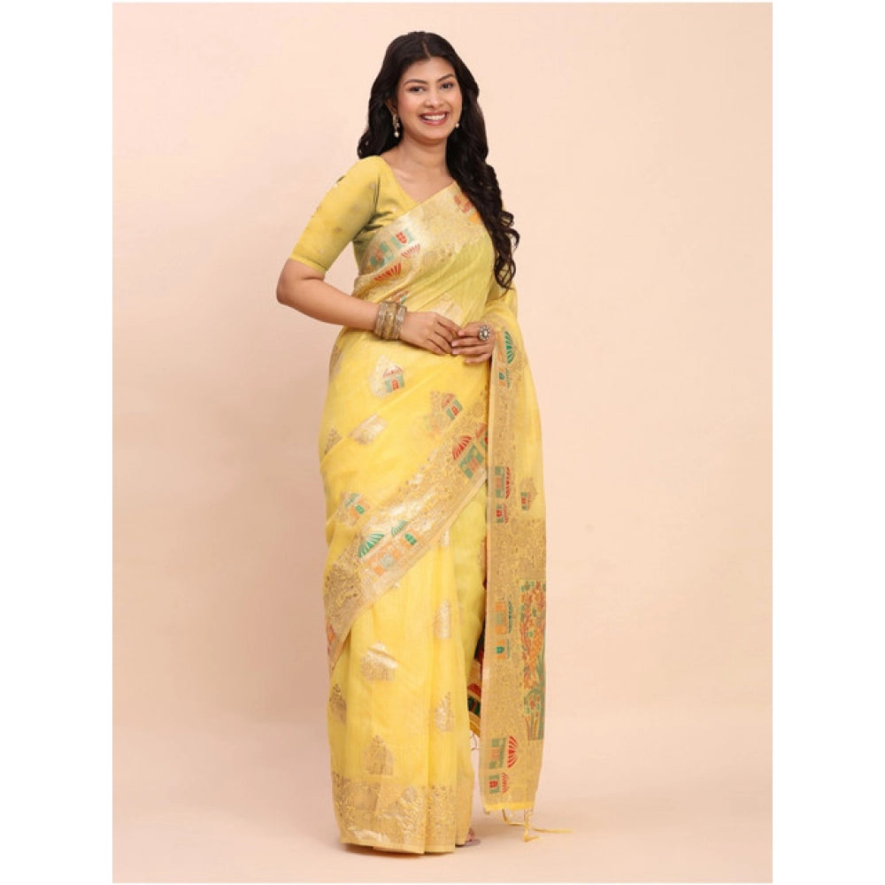 Women's Linen Cotton Printed Saree With Unstitched Blouse 5.5Mtr (Yellow)