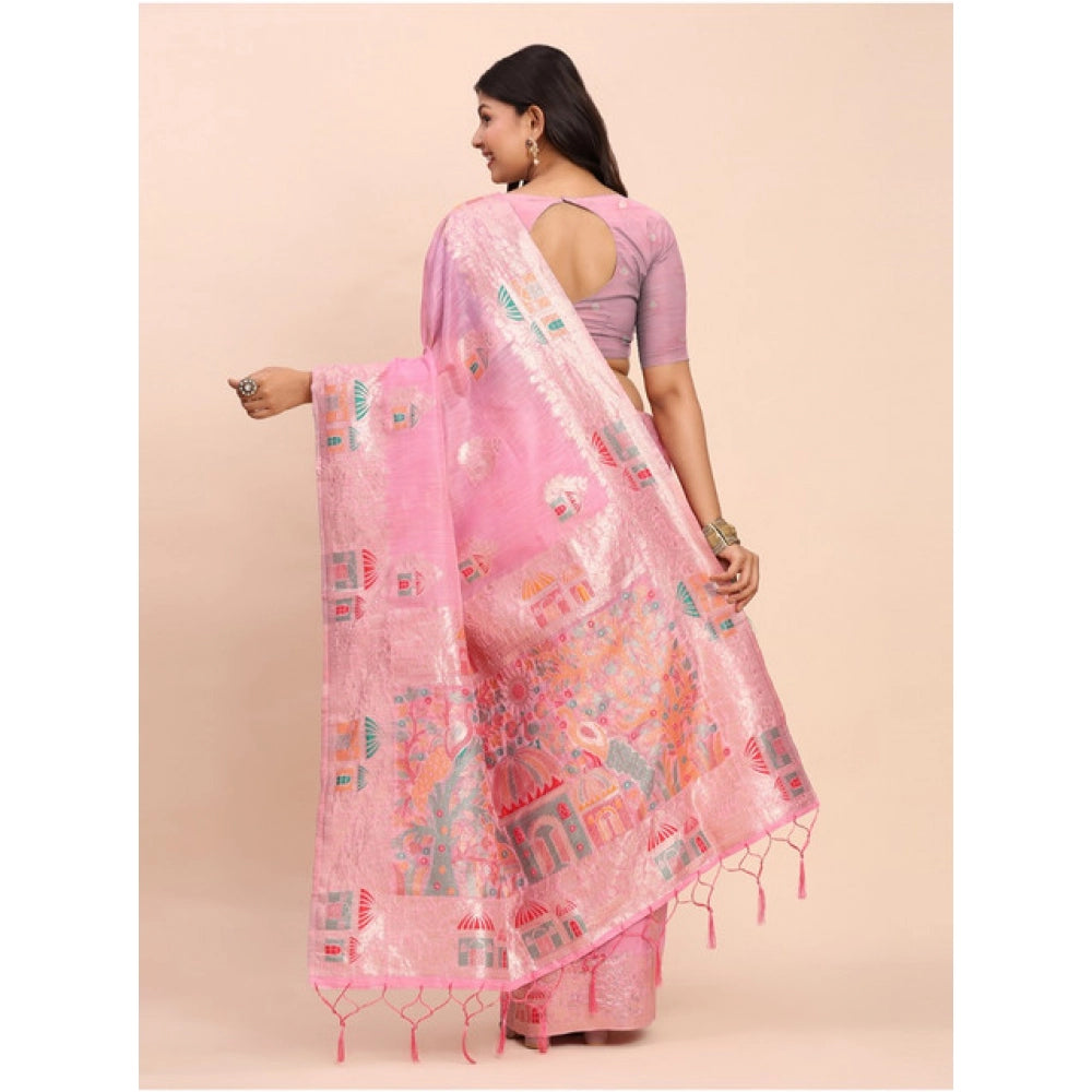 Women's Linen Cotton Printed Saree With Unstitched Blouse 5.5Mtr (Pink)