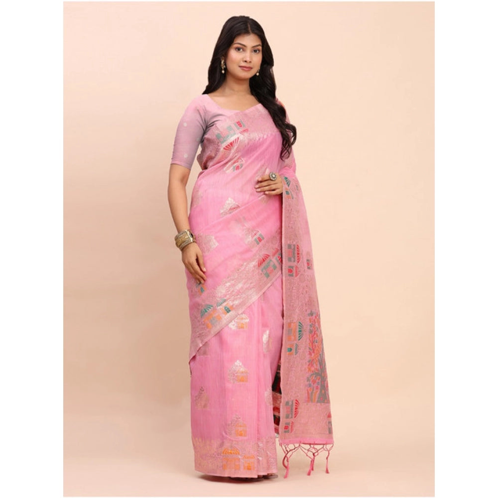 Women's Linen Cotton Printed Saree With Unstitched Blouse 5.5Mtr (Pink)
