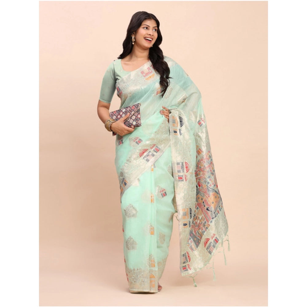 Women's Linen Cotton Printed Saree With Unstitched Blouse 5.5Mtr (Sea Green)