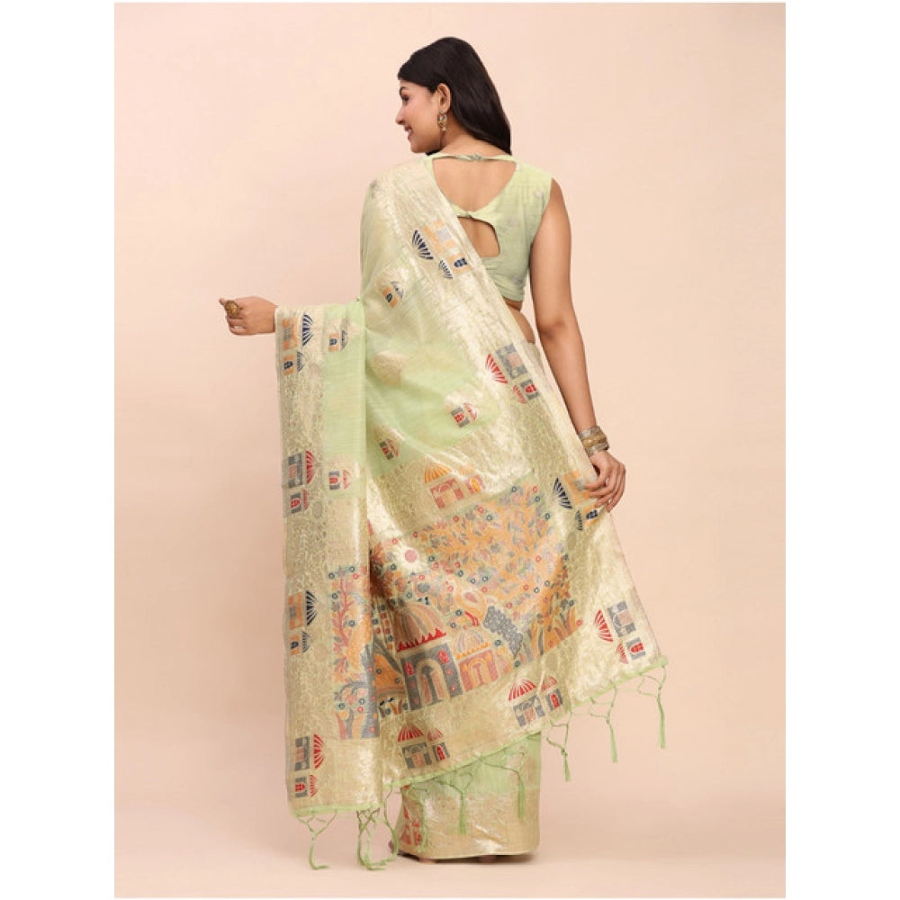 Women's Linen Cotton Printed Saree With Unstitched Blouse 5.5Mtr (Light Green)