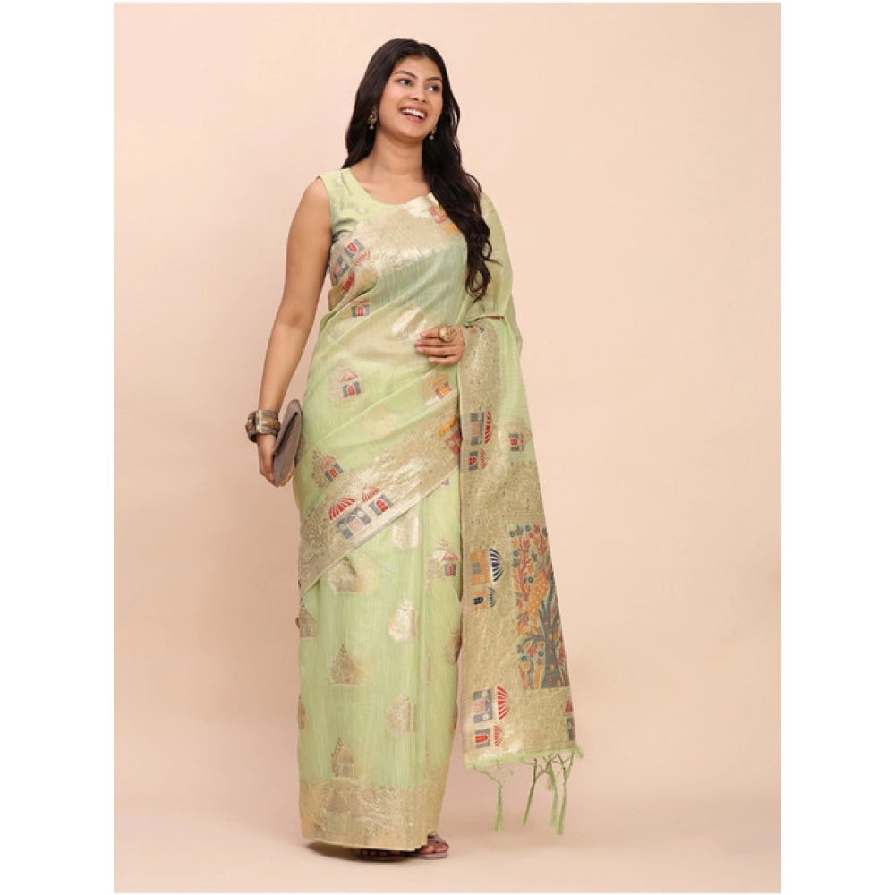 Women's Linen Cotton Printed Saree With Unstitched Blouse 5.5Mtr (Light Green)