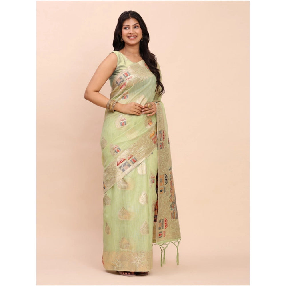 Women's Linen Cotton Printed Saree With Unstitched Blouse 5.5Mtr (Light Green)