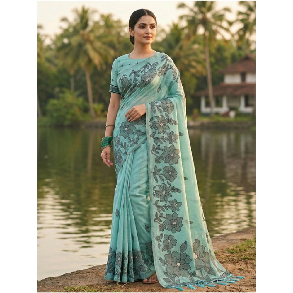 Women's Linen Cotton Printed Saree With Unstitched Blouse 5.5Mtr (Sea Green)