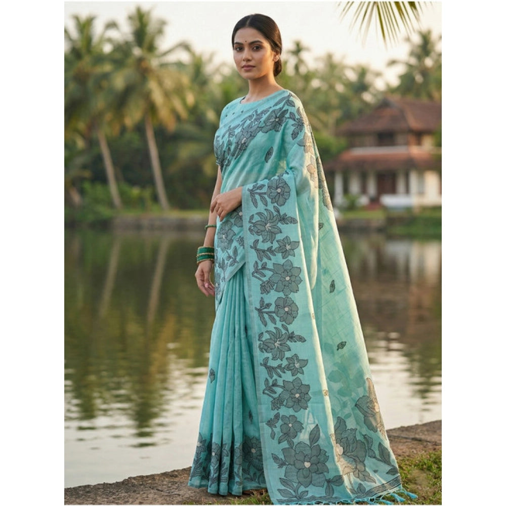 Women's Linen Cotton Printed Saree With Unstitched Blouse 5.5Mtr (Sea Green)