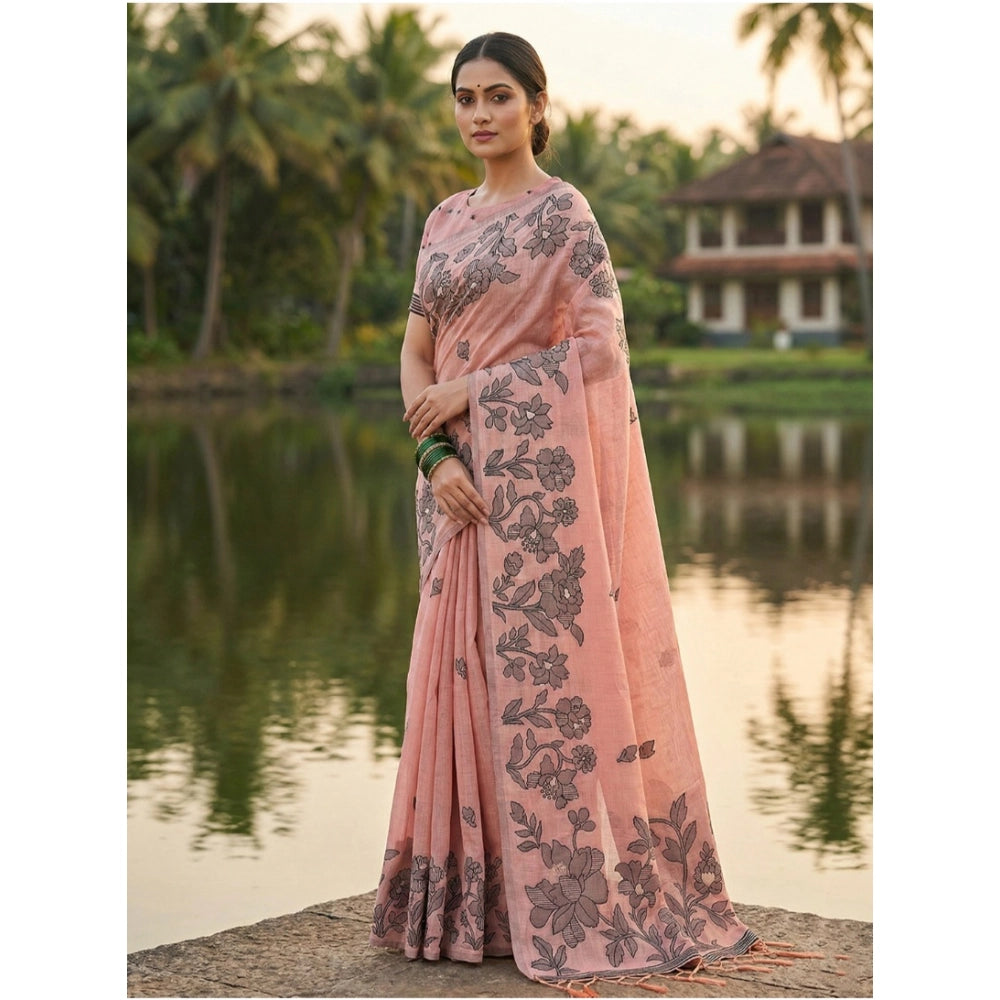 Women's Linen Cotton Printed Saree With Unstitched Blouse 5.5Mtr (Peach)