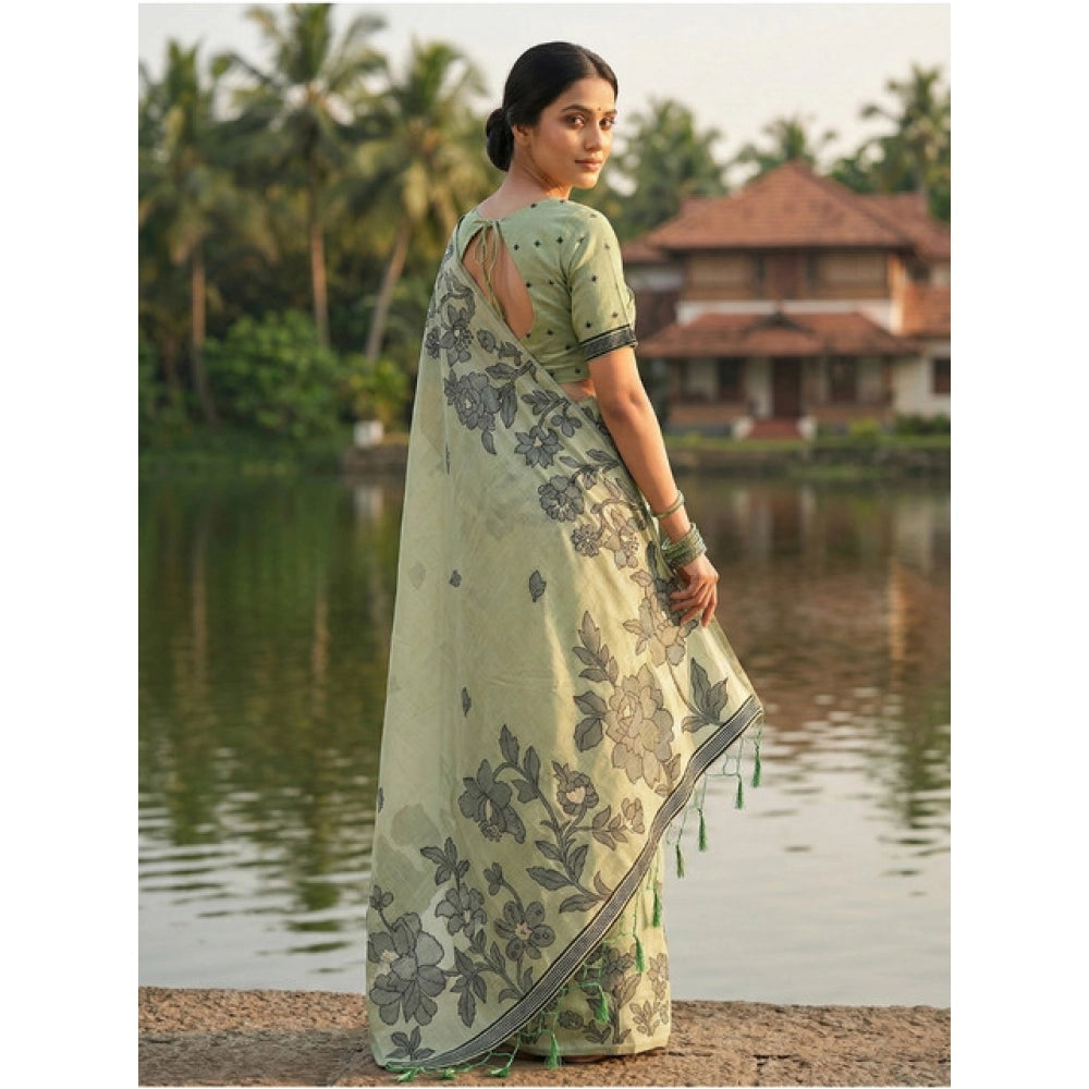 Women's Linen Cotton Printed Saree With Unstitched Blouse 5.5Mtr (Light Green)