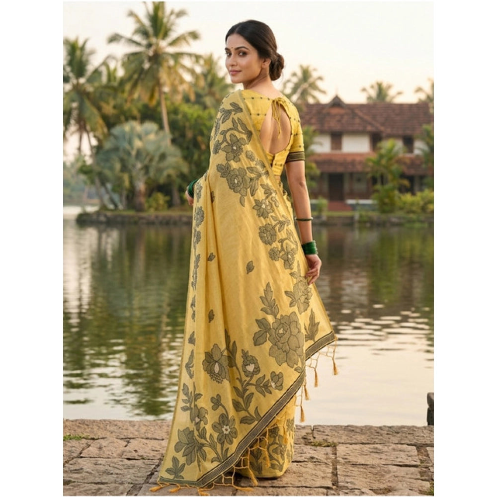Women's Linen Cotton Printed Saree With Unstitched Blouse 5.5Mtr (Yellow)