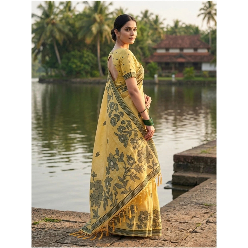 Women's Linen Cotton Printed Saree With Unstitched Blouse 5.5Mtr (Yellow)