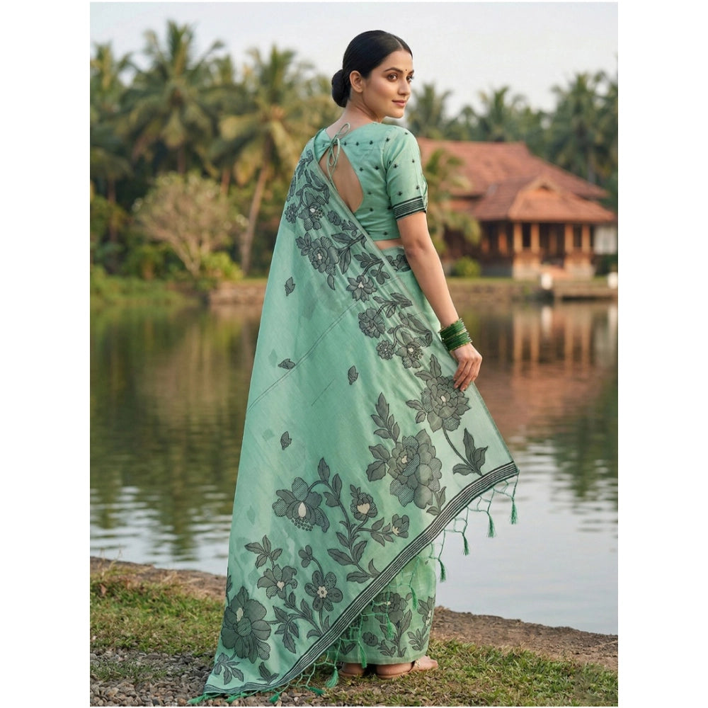 Women's Linen Cotton Printed Saree With Unstitched Blouse 5.5Mtr (Rama Green)