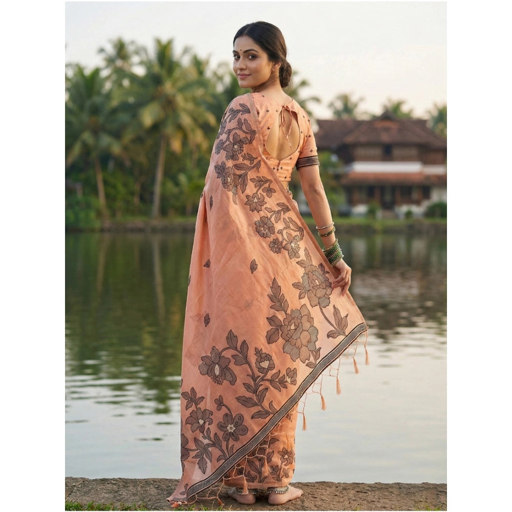 Women's Linen Cotton Printed Saree With Unstitched Blouse 5.5Mtr (Orange)
