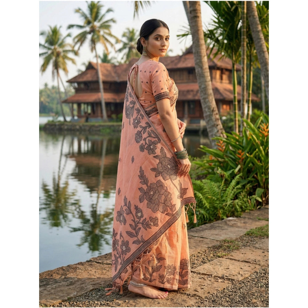 Women's Linen Cotton Printed Saree With Unstitched Blouse 5.5Mtr (Orange)